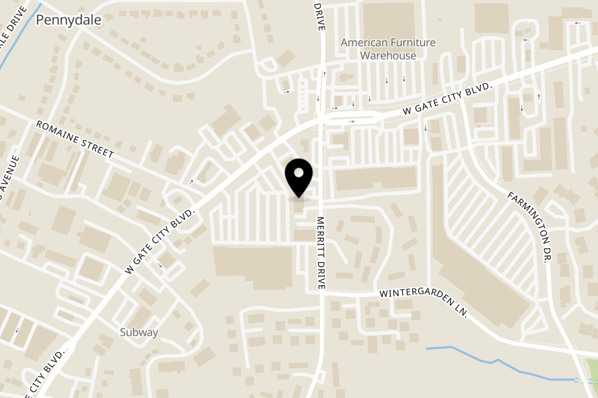 Map showing the location of Drizzle Cafe on 2404 Merritt Dr B in Greensboro